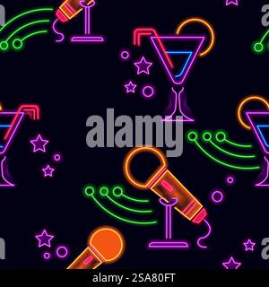 Neon signs and symbols, isolated microphone and cocktail with straw, orange slice. Stars and karaoke bar entertainment. Seamless pattern, wallpaper background, or print. Vector in flat styles. Cocktail and microphone, neon signs seamless print Stock Vector