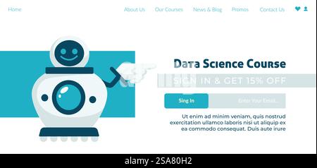 Course and lessons on data science, sign in and get discounts and sales for education classes. Learn new discipline online. Website landing page template, internet site. Vector in flat style. Data science course, sign in and get discount web Stock Vector
