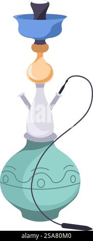 Hookah equipment with pipe for smoking, bowl for water and plate for coal. Turkish traditional and cultural elements, smoke with different flavors and types. Vector in flat style illustration. Turkish hookah with pipe for smoking entertainment Stock Vector