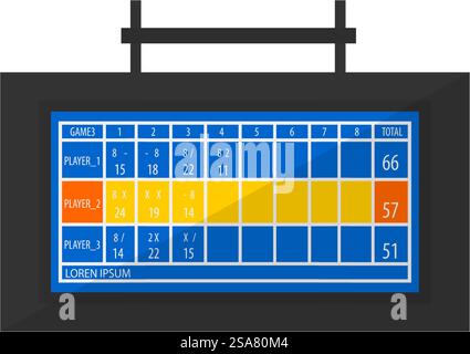 Sports and game activities and recreation fun, isolated screen, monitor or table with players and records, scores and total results of team. Playing and practicing. Vector in flat style illustration. Score board, sports game activities and recreation Stock Vector