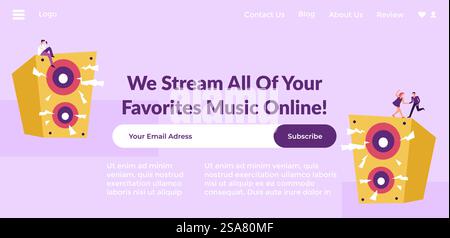 Online music streaming, best songs and compositions. Subscribe to channel to get access, get more information about discounts. Website landing page template, internet site. Vector in flat style. We stream all of your favorite music online web Stock Vector