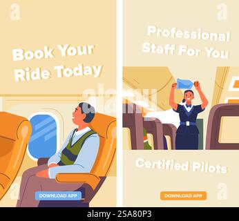 Professional staff for your ride, book cheap tickets on the flight. Certified pilots and best service from stewardesses. Traveling and vacation spending, fastest transport. Vector in flat style. Book your ride today, cheap and easy flights Stock Vector