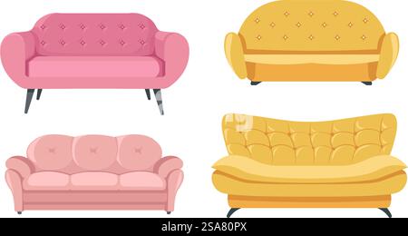 sofas and couches for interior design and home decoration. Isolated types of furniture for living room with fluffy and soft pillows and tender legs. Minimalist models for room. Vector in flat style. Interior design and decoration, sofas and couches Stock Vector