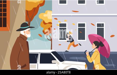 Autumn season in city, town with trees with yellow falling leaves. People with umbrellas, hiding from the rain. Cityscape with street and transport, buildings and citizens. Vector in flat style. People running in rain, autumn season weather Stock Vector