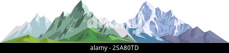 Mountains range with summits and peaks covered with snow. Isolated natural elevation with forests and woods on bottom. Nature and wilderness, scenery or landscape. Vector in flat style illustration. Natural elevation, mountains range wilderness Stock Vector