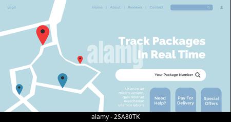 Delivery services, tracking packages online in application. Get to know location of your parcel or order. Status of delivering. Website landing page template, online site. Vector in flat style. Track packages in real time, website page site Stock Vector