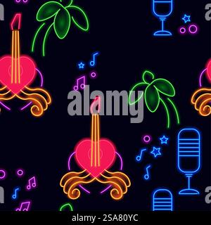 Karaoke bar neon signs and symbols, isolated musical instruments and palm tree, old vintage microphone. Entertainment at night. Seamless pattern, wallpaper background or print. Vector in flat style. Night life and entertainment, karaoke bar print Stock Vector