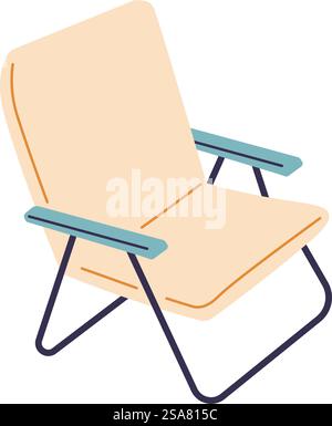 Garden portable furniture with handles, isolated foldable chair for yard or summertime. Backyard seat for resting and relaxing in shade. Metal minimalist design and soft cushion. Vector in flat style. Foldable chair for vacation, garden furniture Stock Vector