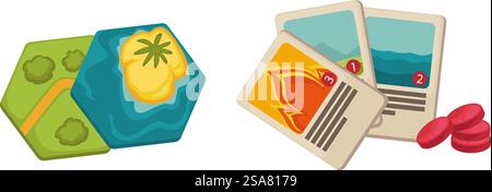 Objects for playing rpg games, isolated cubes and locations or destinations, cards with actions and chips. Entertainment and fun, hobbies and relaxation, fun and resting. Vector in flat styles. Game cubes and location, rpg playing items vector Stock Vector