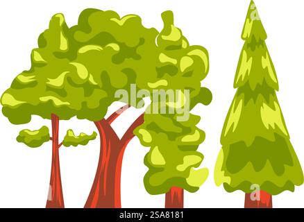 Nature forest or woods with trees and branches, foliage and leaves on twigs. Isolated plants and flora of wilderness and wildlife. Landscape design of park or garden. Vector in flat style illustration. Trees in forest or woods, nature vegetation vector Stock Vector