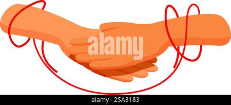 Two hands are shaking, tied together with red thread, representing an unbreakable relationship. Two hands shaking tied together with red thread representing unbreakable relationship Stock Vector