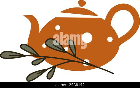 Herbal drink for breakfast or dinner, isolated ceramic pot with lid and handle with branch of mint. Tasty and aromatic beverage with healthy ingredients, vitamins and minerals. Vector in flat style. Ceramic teapot with branch of mint herb, herbal Stock Vector