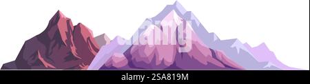 Mountains range with high peaks and summits. Natural elevation, wilderness and nature diversity. Scenery with massive rocks and cliffs. Snow on top, realistic image.Vector in flat style illustration. Natural elevation, mountains range with sunshine Stock Vector