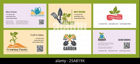 Horizontal branding set for gardening service. Flat agriculture elements at business card collection, vector illustration. Corporate paper design with gardener contacts, website and promo. Horizontal branding set for gardening service Stock Vector