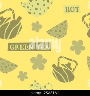 Tea beverages and drinks variety, tasty and delicious herbal assortment. Pots and kettles with cups for drinking, shop or cafe. Seamless pattern, wallpaper or background print. Vector in flat style. Green tea beverage, tasty drink seamless print Stock Vector
