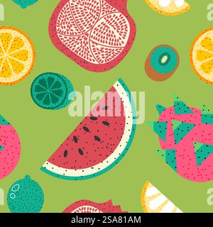 Watermelon and pomegranate, pitaya and kiwi, lime and lemon slices. Summertime tasty organic fruits and snacks for eating healthy. Background print, seamless pattern design. Vector in flat style. Tasty organic fruits, watermelon and pomegranate Stock Vector