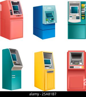 Different ATMs from banks, banking and withdrawing of money and funds. Isolated icons of automated teller machines for city infrastructure. Putting finance on card or account. Vector in flat style. ATMs automated teller machines variety vector Stock Vector