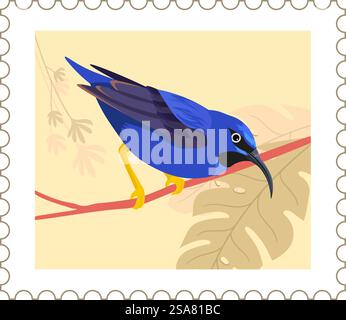 Avian animal sitting on branch, tropical bird and monstera leaves, exotic fauna and flora. Vegetation and zoology. Postal card or mark with nature, letter and mail correspondence. Vector in flat style. Tropical avian animal on branch, postal marks Stock Vector