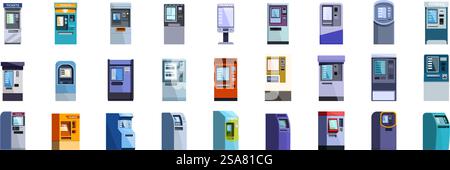 Subway ticket machine icons set. Diverse set of payment terminals featuring various designs and functionalities, highlighting the evolution of self service payment technology. Subway ticket machine icons set. Collection of modern payment terminals showing different designs and interfaces Stock Vector