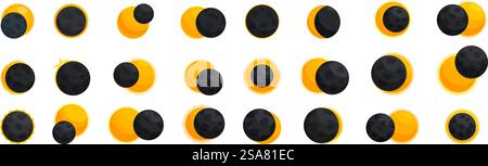 Solar eclipse icons set. Different phases of a solar eclipse with the moon covering the sun. Solar eclipse icons set. Solar eclipse phases with moon covering sun icons set cartoon style Stock Vector