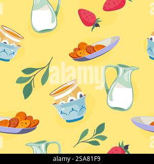 tasty homemade sweets, milk in jar and cookies on plate, grown strawberries and leaves. Delicious food and snacks for dessert. Seamless pattern or background print wallpaper. Vector in flat style. Milk and cookies, tasty homemade sweets pattern Stock Vector