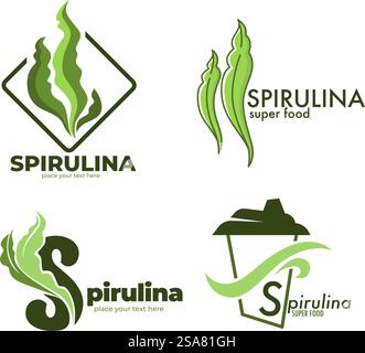 Organic meal supplement, isolated spirulina icon. Natural food and nourishment, nutrition and delicious ingredients for dieting and detoxing. Leaves and copy space design. Vector in flat style. Spirulina super food, organic meal supplement Stock Vector