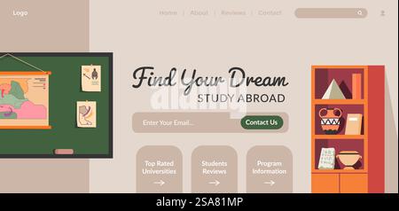 Study abroad, courses and lessons programs for students. Classes and obtaining of knowledge, contact us for more information. Website landing page template, internet site. Vector in flat style. Find your dream, study abroad, website page info Stock Vector