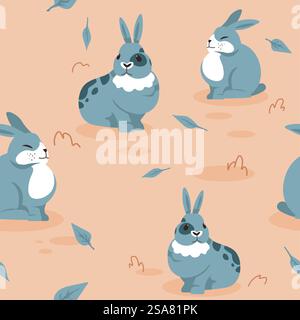 Woodland animals with long ears, cute bunnies and rabbits with long ears and short tails. Hares on field with leaves foliage. Seamless pattern, background print or wallpaper. Vector in flat style. Cute bunnies and rabbits on field, pattern print Stock Vector