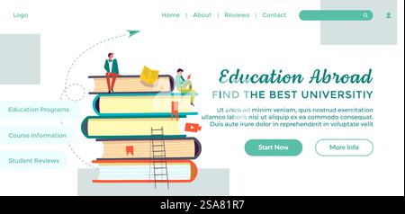 Get education abroad and find best university for learning new disciplines and courses, choose your program and study online. Website landing page template, internet site. Vector in flat style. Find best university and get education abroad Stock Vector