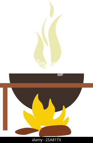 Trekking and hiking appliances, isolated cauldron on fire with boiling water or soup. Preparing food outdoors, kitchenware on special stand burning on flame. Vector in flat style illustration. Cauldron for cooking outdoors, trekking vector Stock Vector