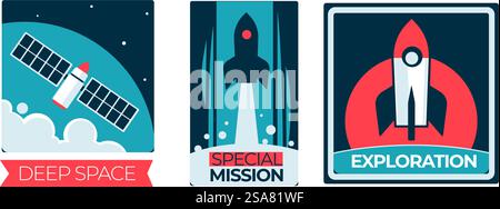 Cosmos exploration and discovery, deep space special mission for rockets and satellites, spaceship or shuttle. Looking for galaxy and universe, planets and celestial bodies. Vector in flat style. Deep space special misson and exploration vector Stock Vector