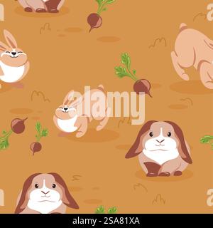 Rabbits and hares on field with harvested beetroots vegetables. Nature and wilderness, bunnies smiling and sitting calmly. Seamless pattern, background print or wallpaper. Vector in flat style. Hares and rabbits on field with beetroots vector Stock Vector