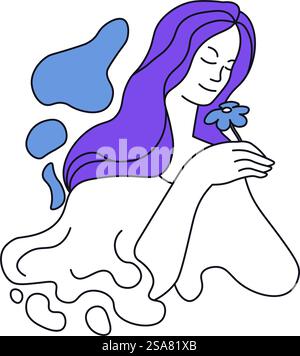 Astrology or astronomy symbols and signs, isolated icon woman with flower. Zodiac of Virgo or virgin. Born in August 23 September 22. Astrological predictions and traits of character. Vector in flat. Zodiac sign of Virgo, Virgin astrology symbol Stock Vector