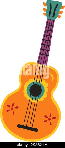 Wooden acoustic guitar for Mexican flamenco guitarists and players. Isolated musical instrument with strings and corpus painted with flowers and decorative ornaments design. Vector in flat style. Mexican acoustic guitars for flamenco players Stock Vector