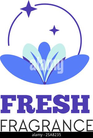 Fragrance reinforcing concept of freshness and cleanliness. Isolated lotus and sparkling flower icon, washing clothes sticker. Promotional banner, promo emblem or sign for package. Vector in flat. Fresh frangrance, washing clothes sticker, emblem Stock Vector