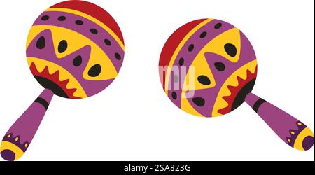 Wooden Mexican maracas painted with color and decorated with ornaments and geometric lines. Playing musical instruments, shaker for accompanying songs and compositions. Vector in flat style. Maracas Mexican musical instrument for playing Stock Vector