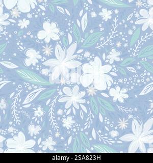 Blooming flowers and flora, leaves and foliage. Spring or summer blossom or flourishing adornment. Ornamental motif design. Seamless pattern, wallpaper print or background. Vector in flat style. Flourishing flowers with buds and leaves pattern Stock Vector