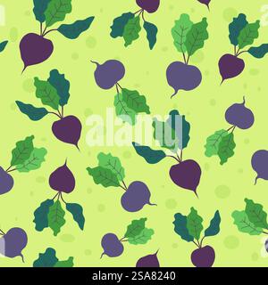 Farm beetroots with leaves, organic and natural vegetable for eating healthy and dieting. Nourishment ingredients and consuming. Seamless pattern, background print or wallpaper. Vector in flat style. Beetroots with leaves, ripe organic vegetables Stock Vector