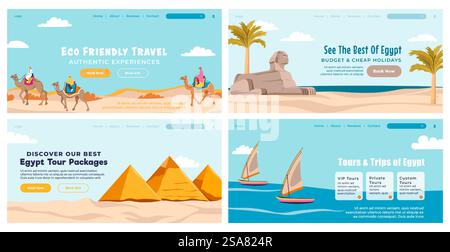 Web banner set with Egypt travel package promo. Booking tour service at landing page collection, vector illustration. Website design with african country landmarks, pyramids and sea. Web banner set with Egypt travel package promo Stock Vector