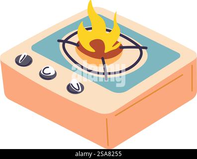 Cooking outdoors, isolated portable stove with fire on. Appliance for preparing food and dishes while camping, comfortable trips and traveling equipment. Gas outside furnace. Vector in flat style. Portable stove with flame for cooking outdoors Stock Vector