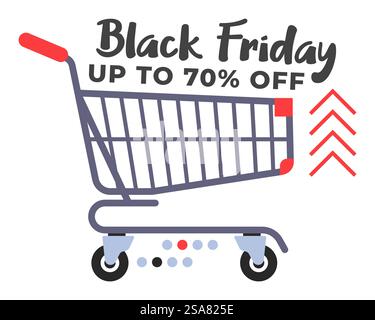 Grand sales of year, great deals, crazy discounts of up to 70 percent on all products. Black Friday for financial savings and purchases. Low prices, quality guarantee. Isolated icon vector in flat. Black Friday, 70 percent off discounts on goods Stock Vector