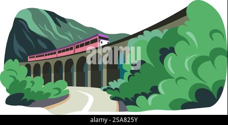 Traveling and going on vacation or trip. Tourism and train transport on bridge, nature and landscape diversity. Ecotourism and resting outdoors, scenery with forest trees. Vector in flat style. Tourism and traveling by train, mountains tunnel Stock Vector