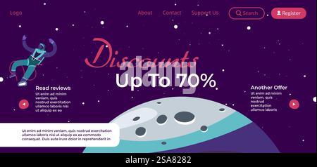 Sale and discounts for clients, offers up to seventy percent for customers. Cosmos and astronaut floating in space, moon or planet. Website landing page template, online site vector in flat style. Discounts up to seventy percent, website page Stock Vector