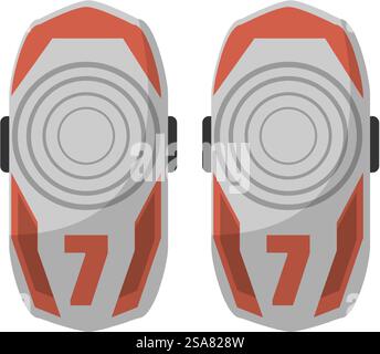 Plastic shields with number seven to protect legs of players, athletes sportsmen while playing American football, rugby. Safety on field during traini Stock Vector