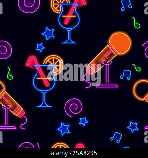 Karaoke bar or night club with live music, entertainment in the evening. Neon signs of microphone and cocktail with straw. Seamless pattern, wallpaper background or print. Vector in flat style. Night club or karaoke bar entertainment print Stock Vector
