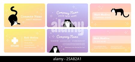 Business card set for vet company with cute cat. Flat animal character at gradient background, corporate card collection. Specialist contact information with line decoration. Business card set for vet company with cute cat Stock Vector