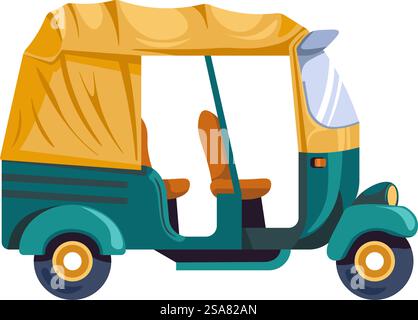 Small tourist bus for travelers in exotic countries. Isolated vehicle with two seats for driver and passenger. Automobile with wheel and covering protecting from sun or rain. Vector in flat style. Exotic country taxi, small vehicle or bus transport Stock Vector