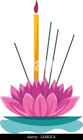 Home accessories and decoration for house interior. Isolated aromatic sticks and candle in lotus shaped holder. Design and wellbeing, aroma scent for health and beauty. Vector in flat styles. Aromatic sticks and lotus holder accessory vector Stock Vector