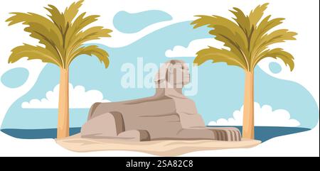 Great Sphinx of Giza landmark in Egypt, Egyptian culture and architectural wonders. Isolated sculpture in desert with palm trees. Tourism and traveling, trip and tour in Africa. Vector in flat style. Ecotour great Sphinx of Giza ancient landmark Stock Vector
