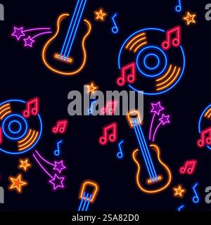 Karaoke bar or concert entertainment, night life activities neon signs. Vinyl plate and strings, melodies and acoustic guitar. Seamless pattern, wallpaper background or print. Vector in flat style. Night life, karaoke bar or concert entertainment Stock Vector